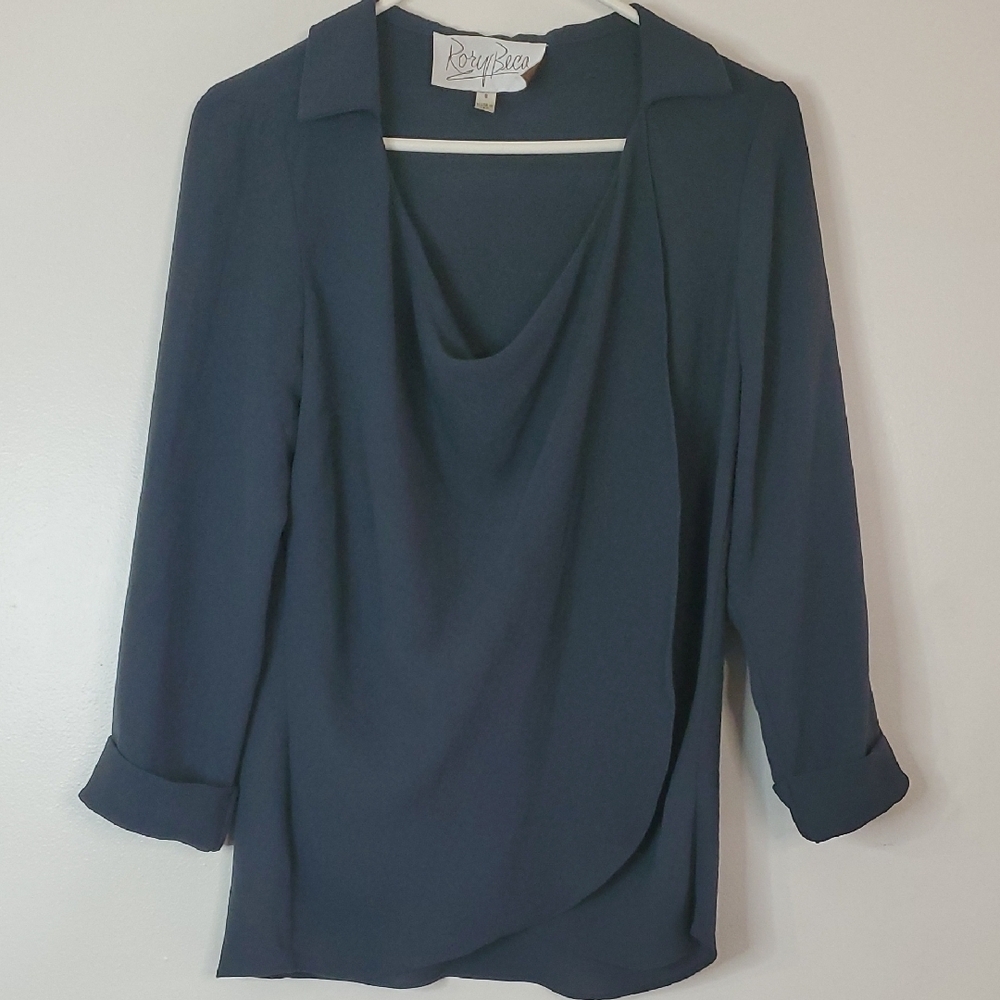 Rory Beca Grey Silk Blouse Top Size Small Collared Low Ruched Neckline
